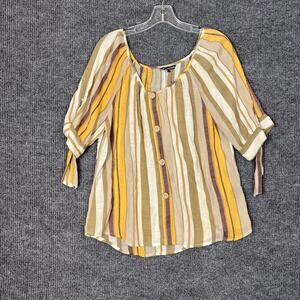 Unique Spectrum Women’s Top Size Large Neutral Striped Button Front Bohemian